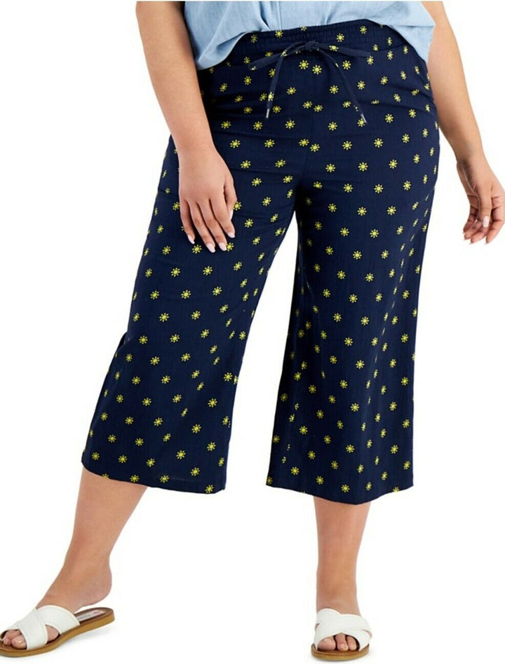 Women's Ankle Pants Sun Stamp Navy Elastic Waist Mid Rise