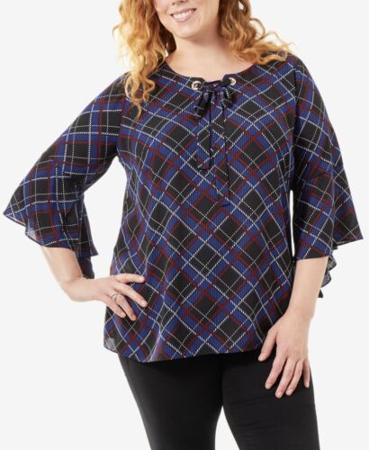 NY Collection Women's Plus Size Bell Sleeves Dressy Blouse Black Rowplaid