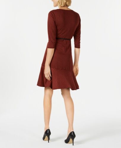 Women's Red Ponte-Knit Belted Plaid Dress