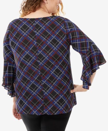 NY Collection Women's Plus Size Bell Sleeves Dressy Blouse Black Rowplaid