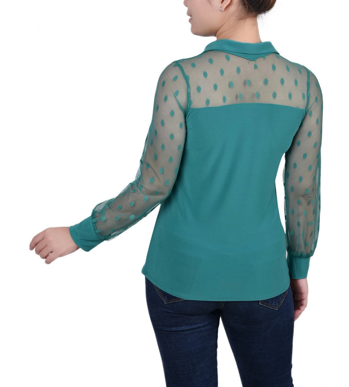 NY Collection Women's Mesh Long Sleeve Point Collar Top Green Petite Size PL