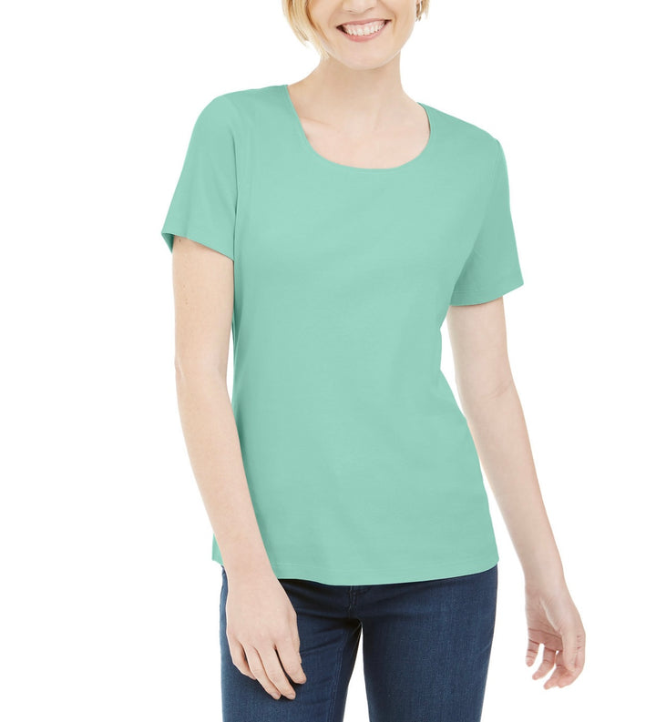 Karen Scott Women's Short Sleeve Scoop Neck Top Aqua Ice