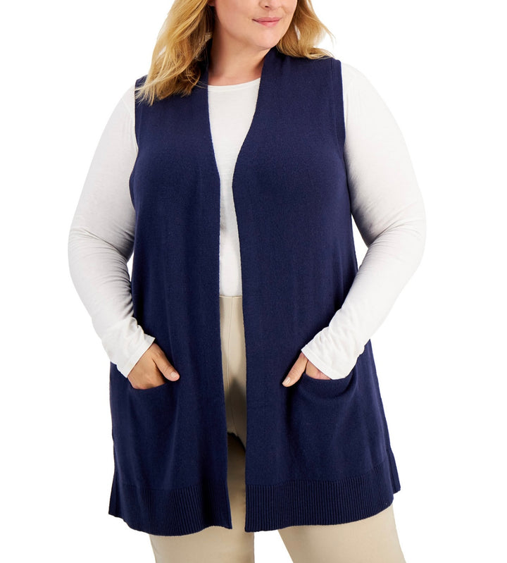 Karen Scott Women's Solid Duster Vest Intrepid Blue Plus Size 0X
