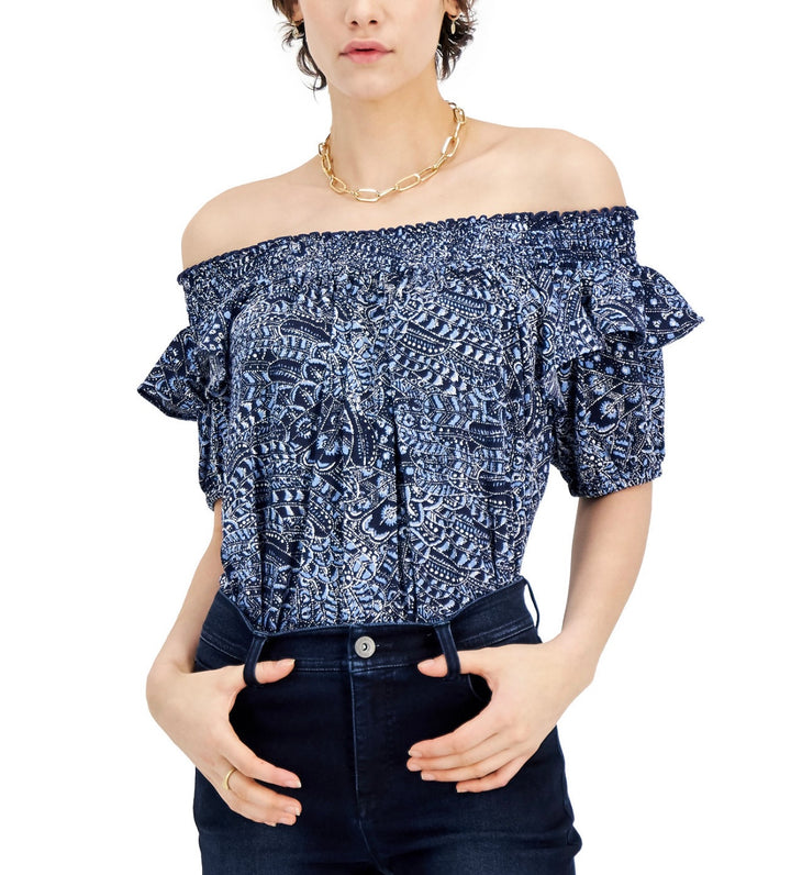 INC International Concepts Women's Short Puff Sleeves Off-The-Shoulder Top