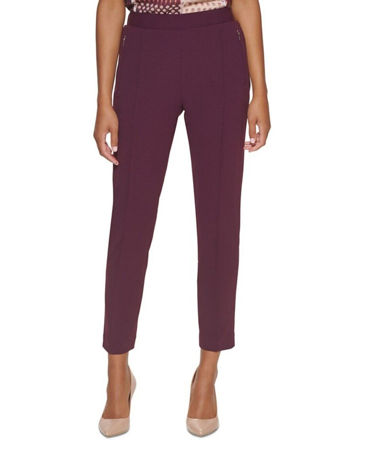 Calvin Klein Women's Aubergine Mid Rise Pleated Straight Pants Elastic Waist