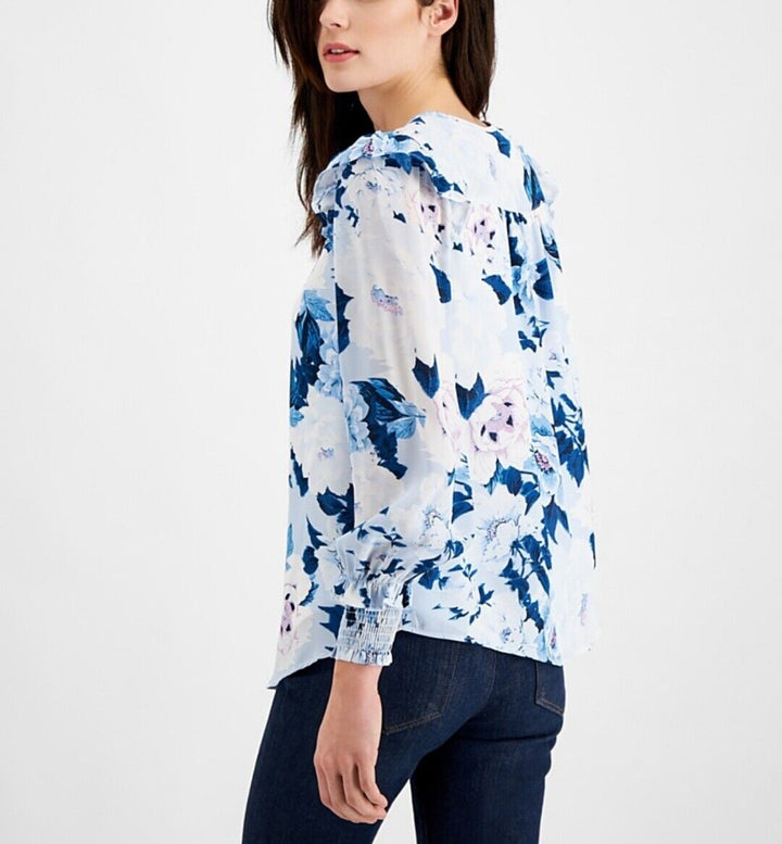 Women's Printed Ruffle-Shoulder Top Blue Floral Blouse