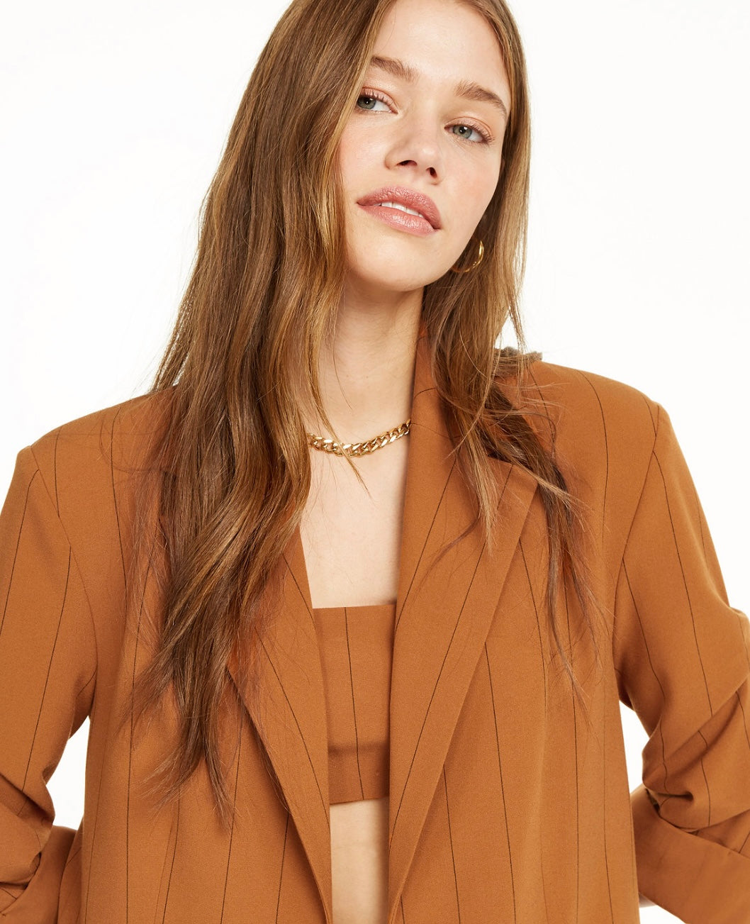 Danielle Bernstein Women's Pinstripe 3/4 Ruched Sleeves Two-Button Blazer