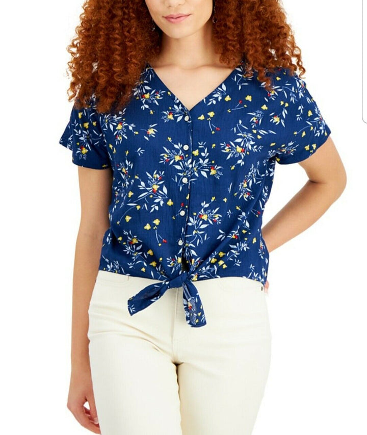 Women's Tie-Front Floral Top Short Sleeve Buttons