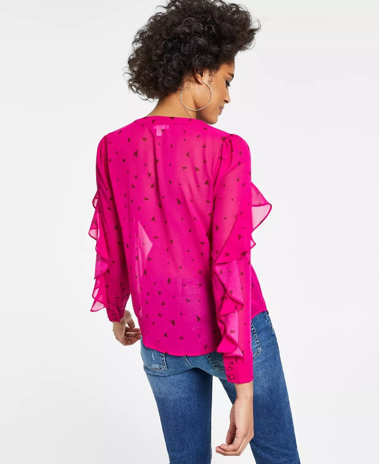 Bar III Women's Printed Ruffle-Sleeve Blouse Hanna Hearts A Pink Size S