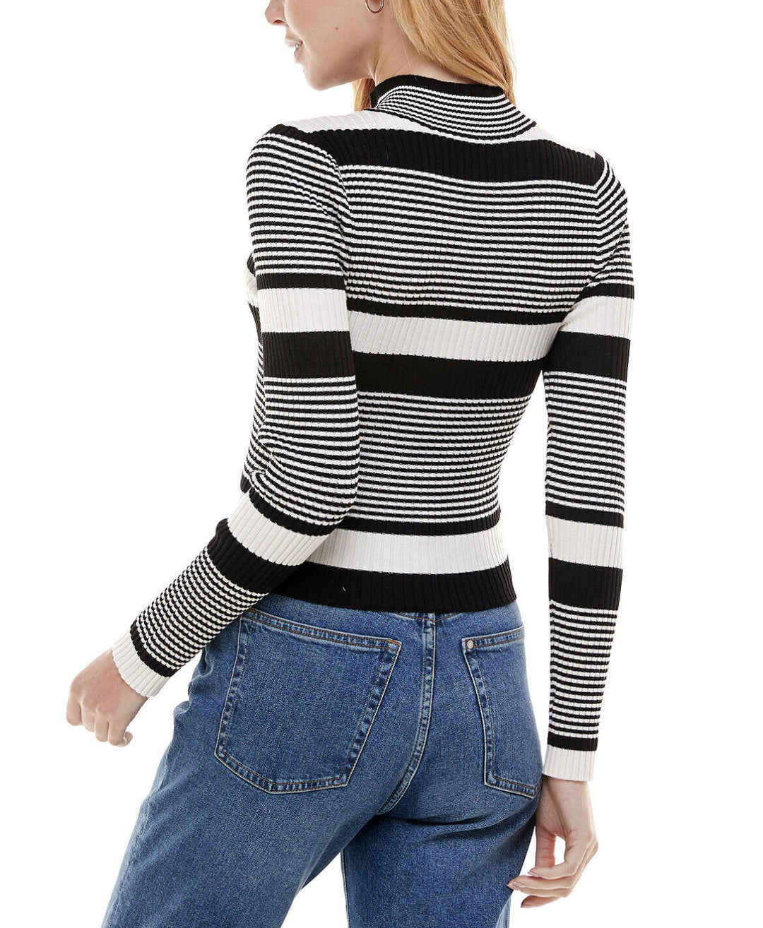 Juniors' Quarter-Zip Ribbed Striped Sweater Black Stripe