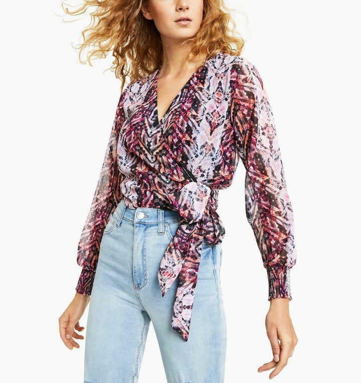 Women's Printed Wrap Surplice Neckline Top