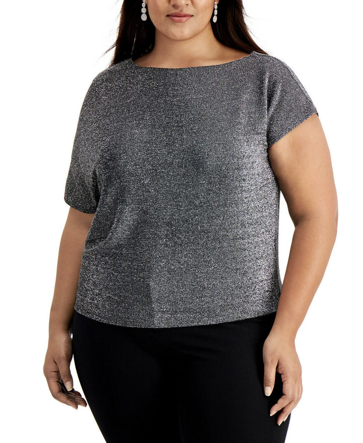 Women's Plus Size Metallic Asymmetrical-Sleeve Top