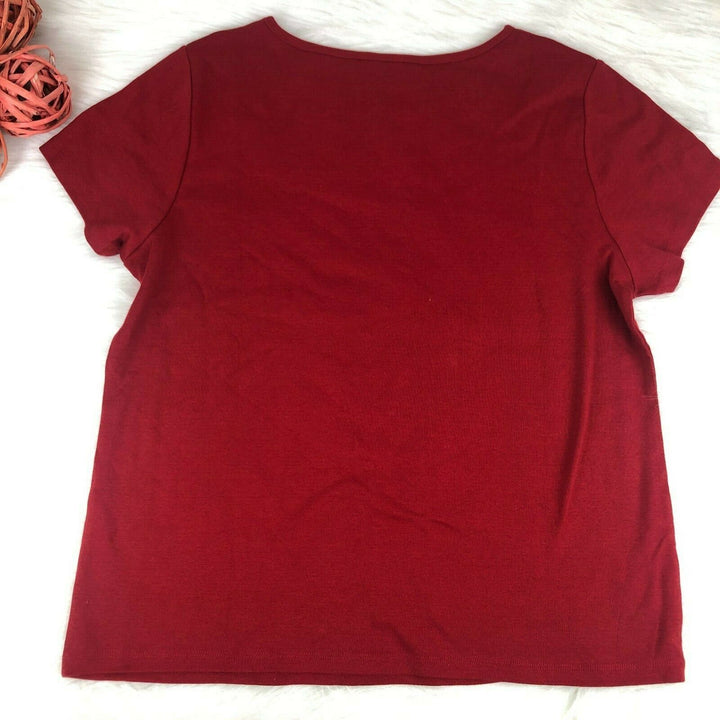 Rafaella Women's Red Knit Top Embellished Beaded Short Sleeve