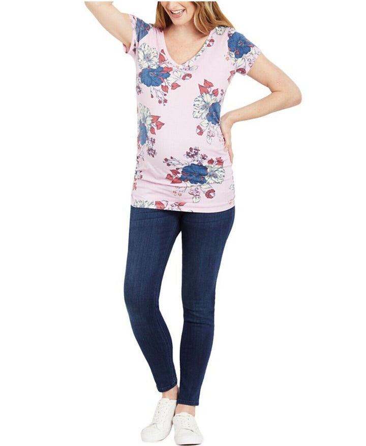 Motherhood Maternity Women's Ruched T-Shirt Pink Floral V-Neck Stretch