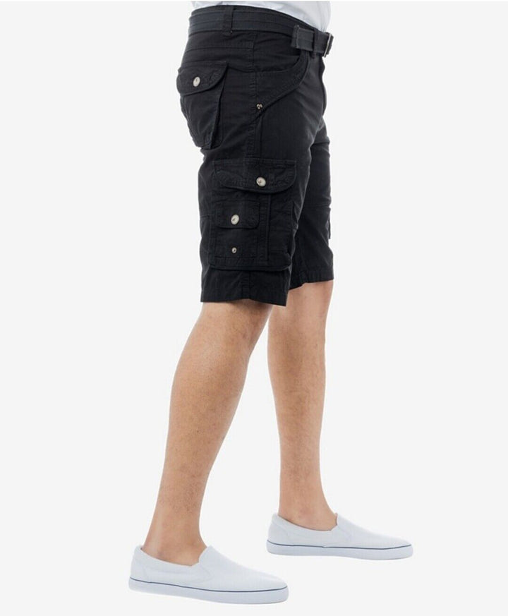 Men's Belted Double Pocket Black Cargo Shorts Regular Fit Cotton