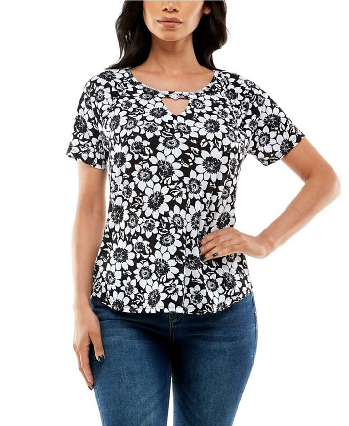 Women's Short Sleeve Raglan Top with Keyhole Floral