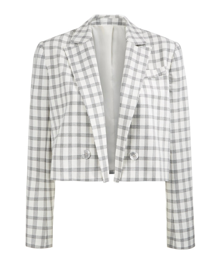 Danielle Bernstein Women's Cropped Suit Separate Open-Front Blazer Ivory Plaid