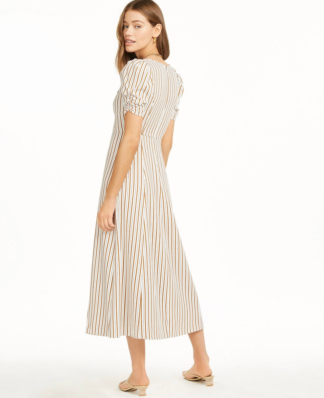 Danielle Bernstein Women's Striped Queen Anne Neckline Tea-Length Shift Dress