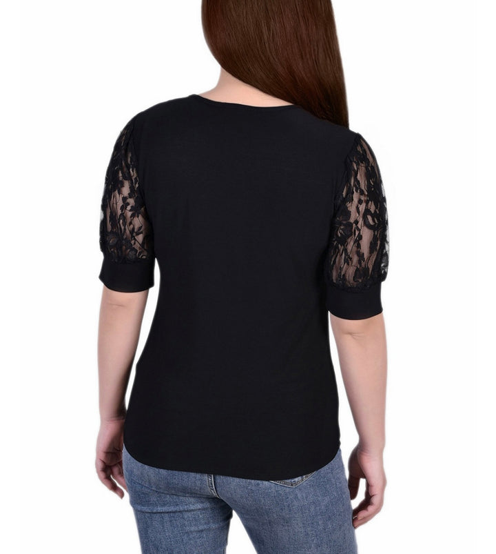 NY Collection Women's Short Puff Sleeve Top Lace Sleeves Yoke