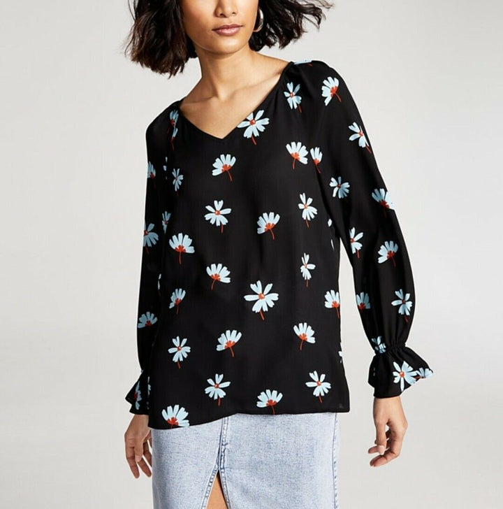 Women's Floral-Print Blouse Flounce-Sleeve Top Black V-Neck