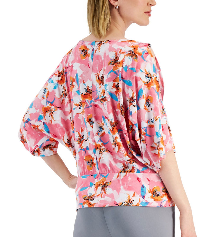 JM Collection Women's Abstract-Print Cutout-Sleeve Top Floral Pink Combo