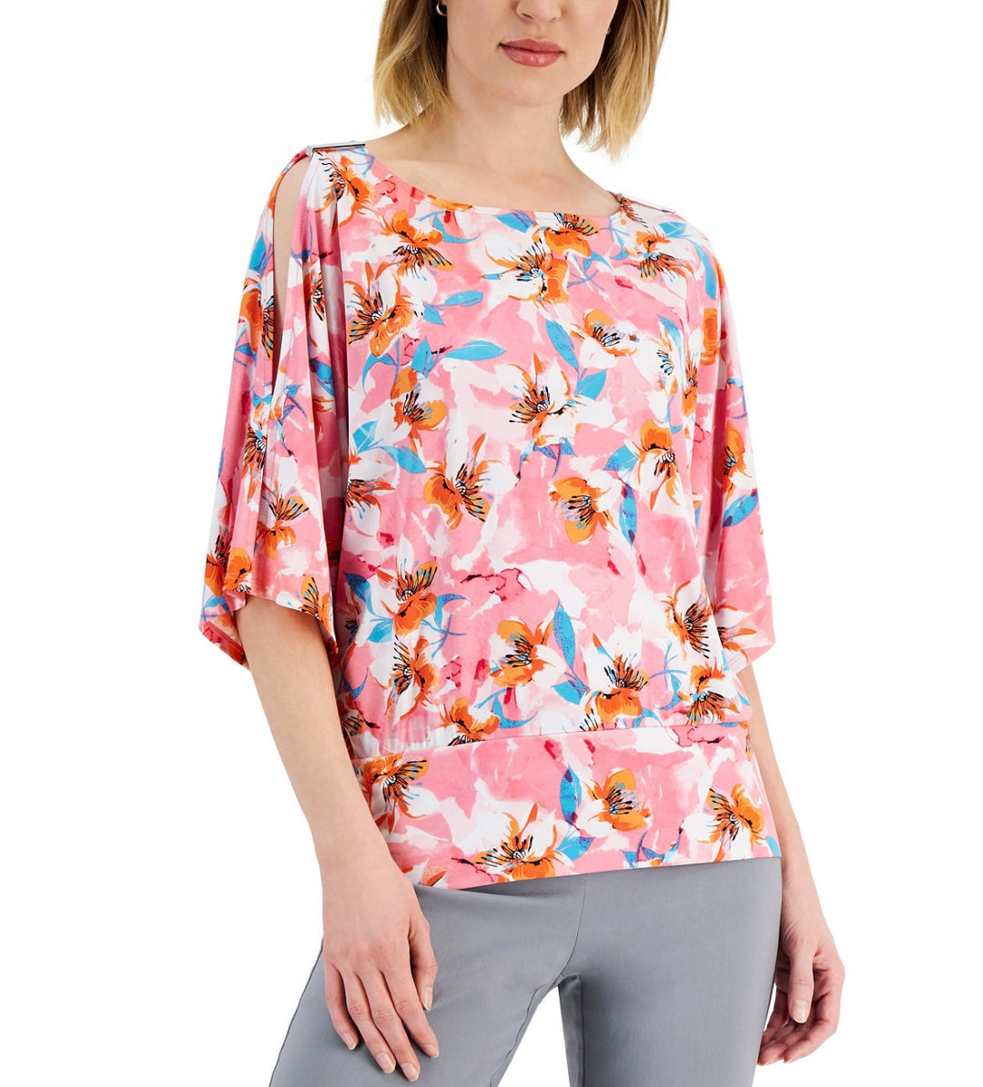 JM Collection Women's Abstract-Print Cutout-Sleeve Top Floral Pink Combo