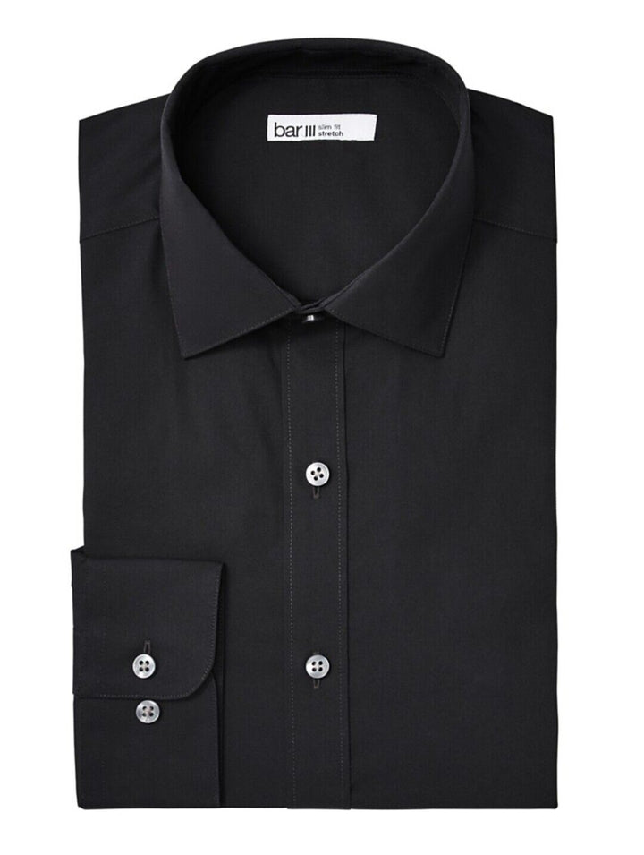 Men's Slim Flit Stretch Dress Shirt Black Buttons Cotton