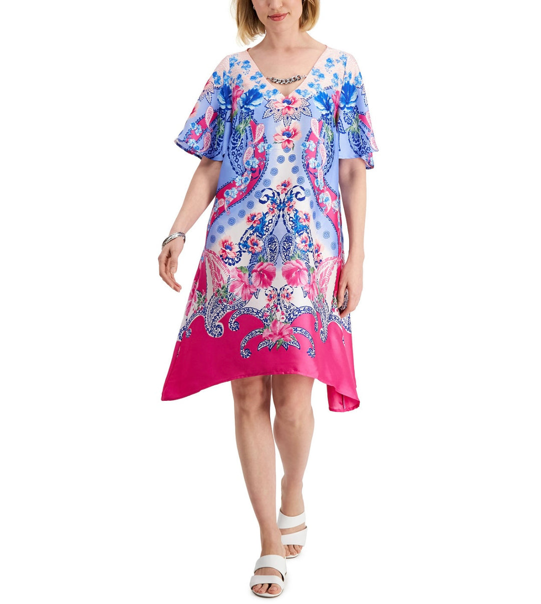 JM Collection Women's Short Sleeve V-Neck Floral Printed Swing Dress Fuchsia Tulipan