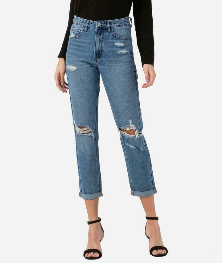 Women's Distressed Rolled Up Mom Jeans Blue