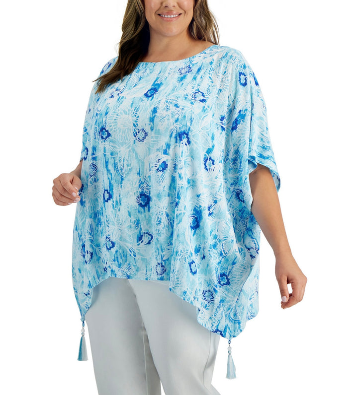 JM Collection Women's Printed Gauze Poncho Top Seaform Blue Plus Size 2X