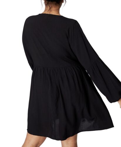 Plus Size Trendy Woven Linda Long Sleeve Mini Dress Black V-Neck