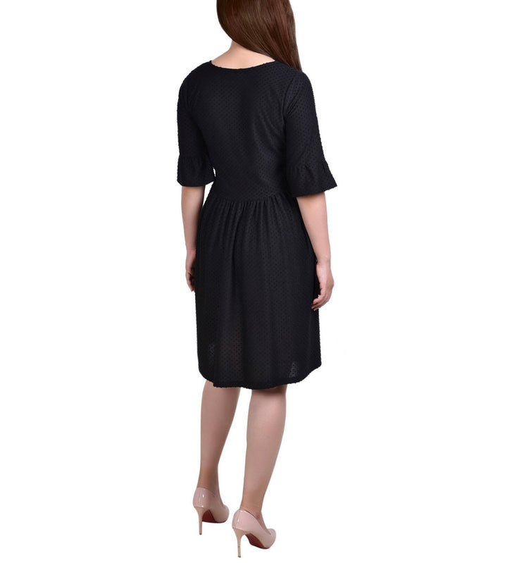 NY Collection Women's Petite Elbow Sleeve Swiss Dot Empire Dress Black Size PS