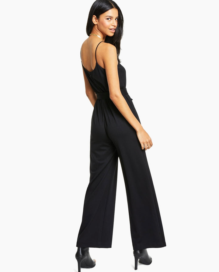 Bar III Women's Scoop Neckline Belted Wide-Leg Jumpsuit Black Size M