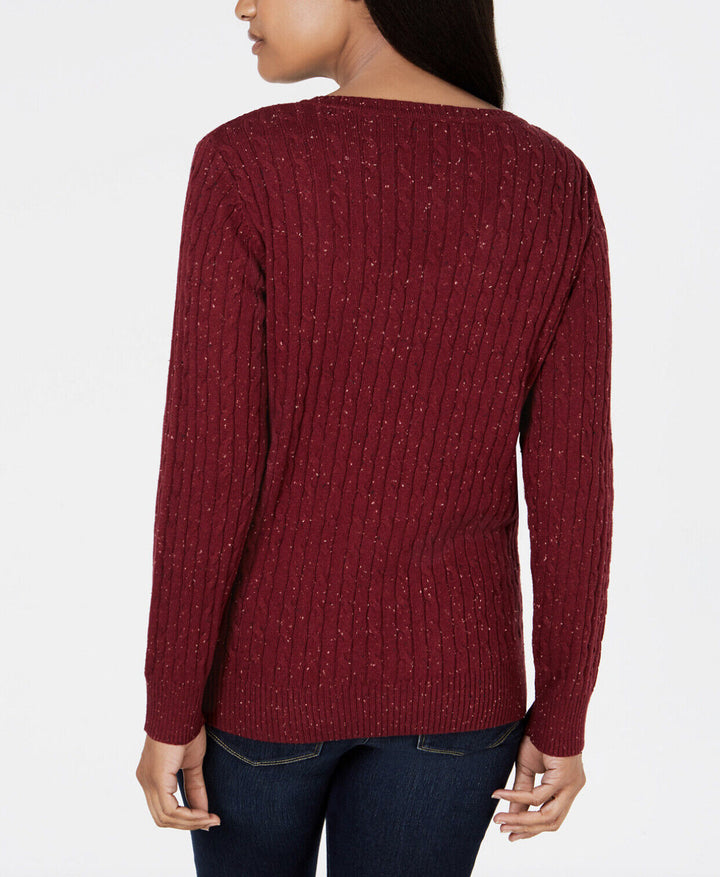 Karen Scott Women's Cable-Knit V-Neck Sweater Merlot Neps Size XS