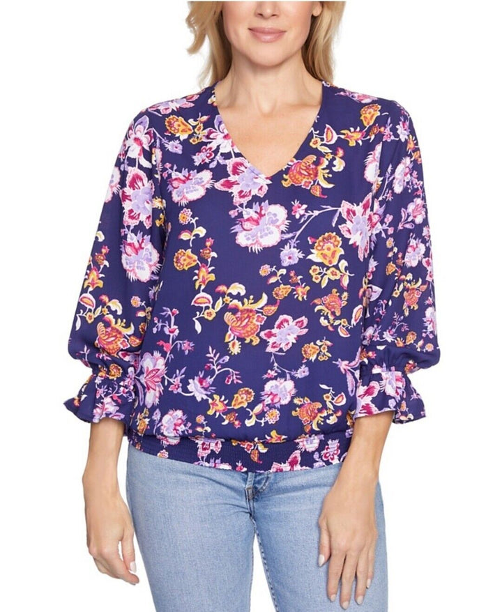 Women's Smocked Hem Long Sleeve Blouse V-Neck Floral