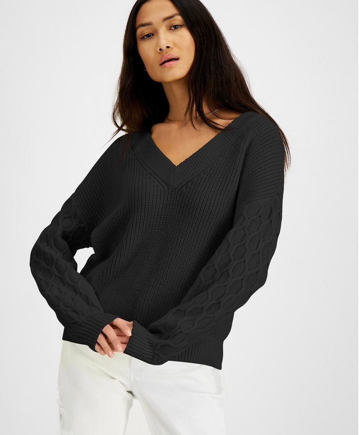 INC International Concepts Women's Honeycomb-Sleeve Sweater Deep Black Size S