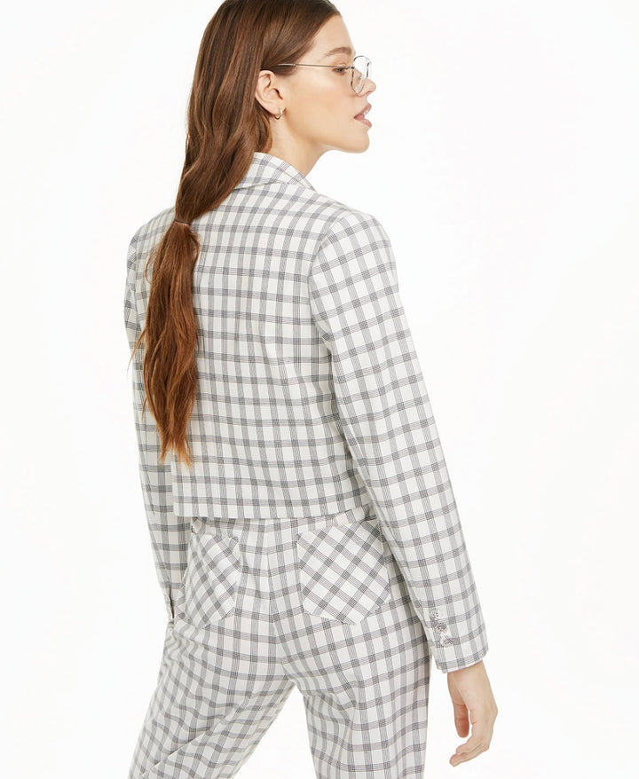 Danielle Bernstein Women's Cropped Suit Separate Open-Front Blazer Ivory Plaid