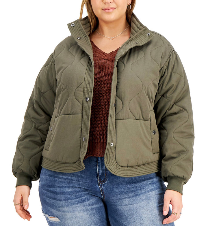 Jou Jou Women's Trendy Quilted Mock-Neck Coat Army Green Plus Size 3X