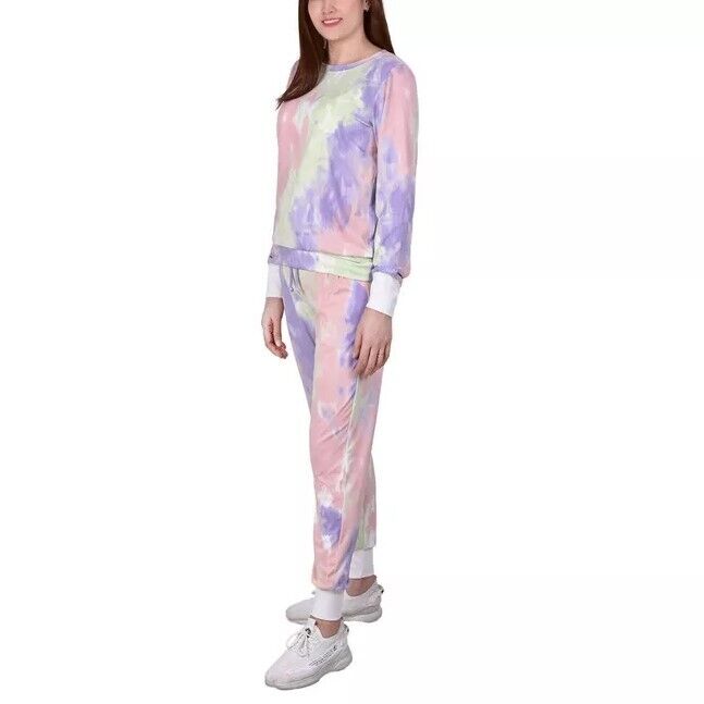 NY Collection Women's Long Sleeve Tie Dyed Jogger 2 Pc Set