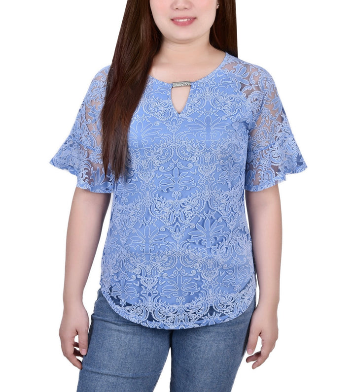 NY Collection Petite Short Bell Sleeve Lace Blouse Blue Size PM