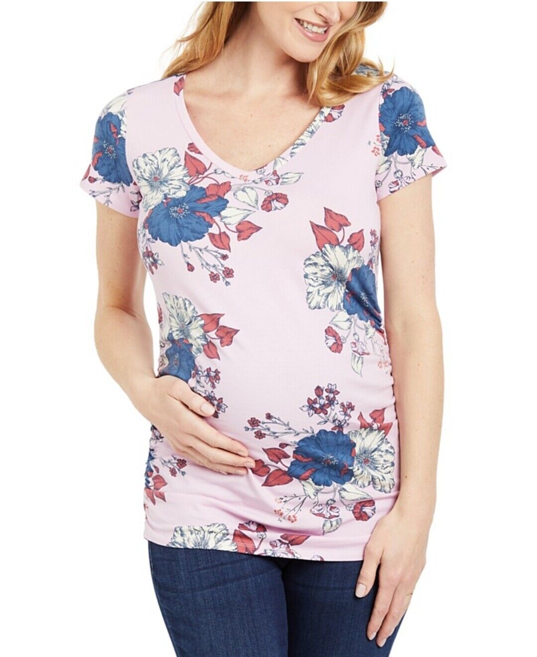 Motherhood Maternity Women's Ruched T-Shirt Pink Floral V-Neck Stretch