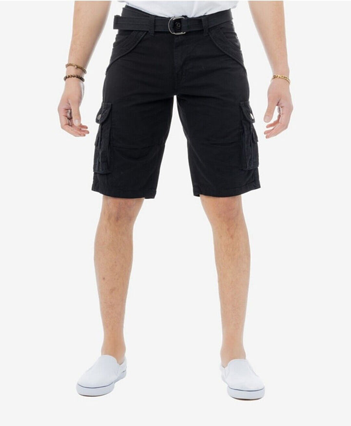 Men's Belted Double Pocket Black Cargo Shorts Regular Fit Cotton