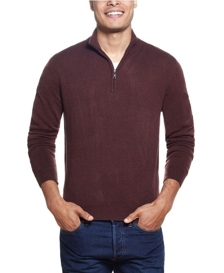 Men's Soft Touch Waffle Sweater Oxblood Zip Long Sleeve