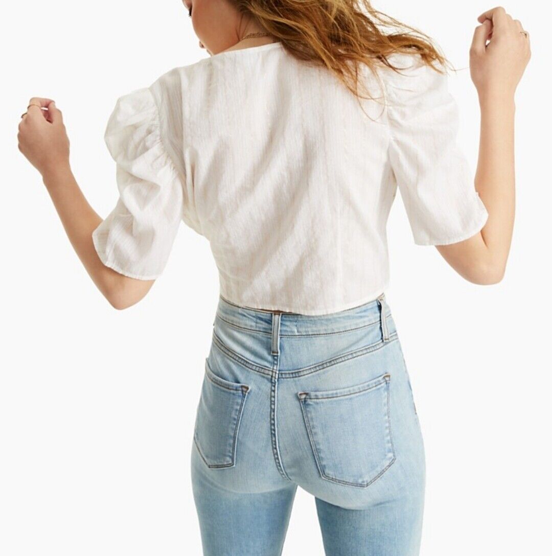 Women's Cropped Wrap Top White Short Sleeve Cotton V-Neck
