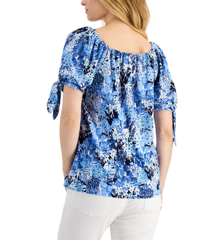 Charter Club Women's Floral-Print Tie-Sleeve Top Intrpd Blue Cmb Size M