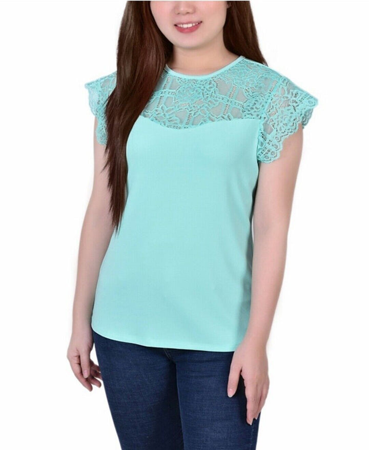 NY Collection Women's Crepe Knit Top with Lace Flanged Sleeve and Yoke