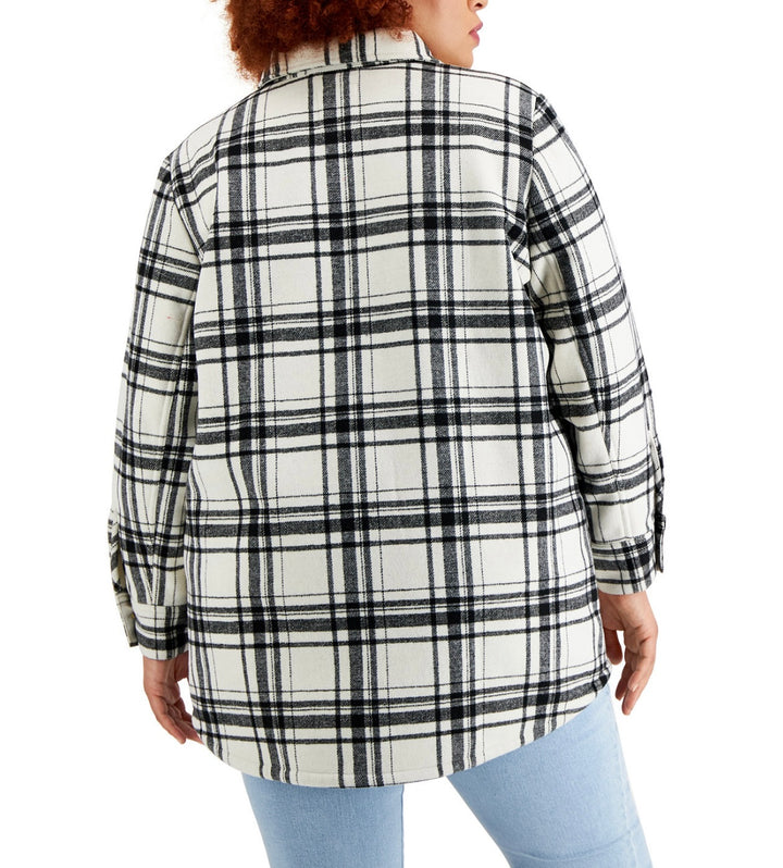 Style & Co. Women's Plaid Shirt Jacket Ivory Black Plaid Plus Size 1X