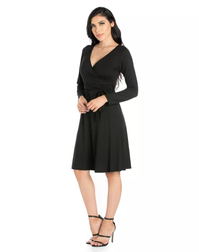 24Seven Comfort Apparel Women's Long Sleeve V-Neck Dress Black Size L