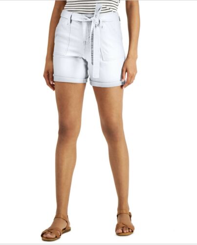 Women's Petite Utility Shorts White Pockets Tie Mid Rise