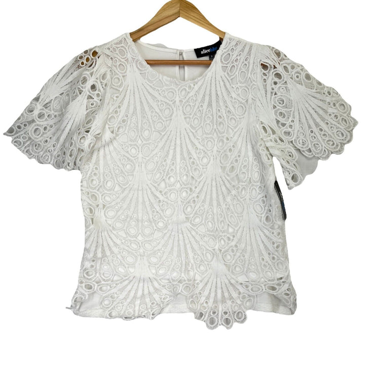 Women's White Blouse Short Sleeve Stretch Embroidered